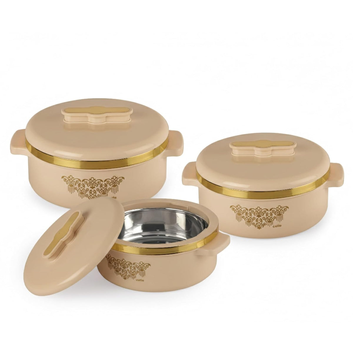 CELLO Exotic Casserole Hot Pot Box Case Set of 3 Pcs For Kitchen, Cream (500ml, 1000ml, 1500ml) |