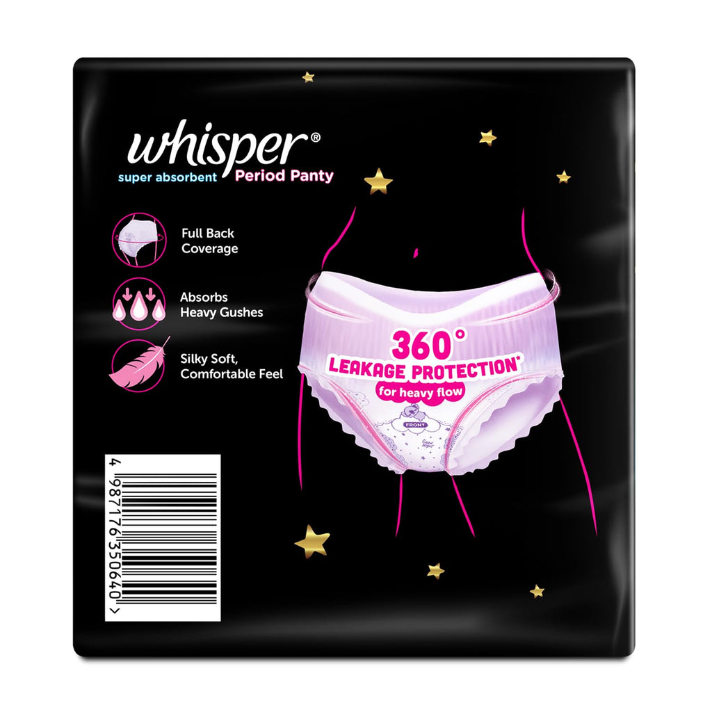 Whisper Super Absorbent Period Panty, 6 M-L Pants, 360 Degree Leakage Protection* for Heavy Flow, Panty like Fit, Full back Coverage, Absorbs Heavy Gushes,...