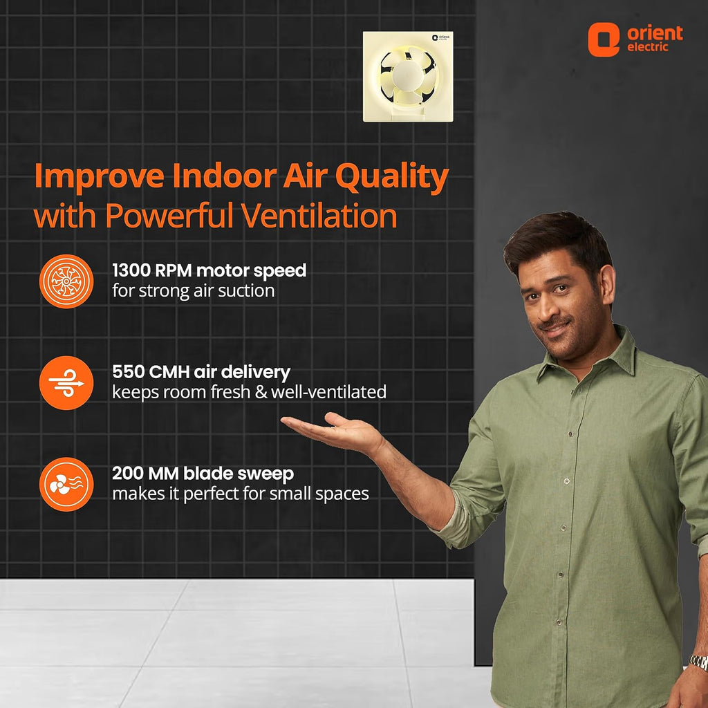 Orient Electric Ventilator DX 200mm Exhaust Fan for Kitchen & Bathroom | High Speed Ventilation Fan | Copper Motor, Aerodynamic Blades, Louver Shutters | 2 years Warranty by Orient | Ivory