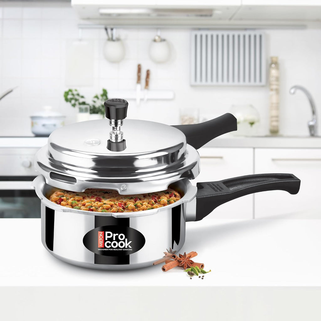 Milton Procook 2L Aluminium Pressure Cooker with Outer Lid, Non-Induction Base, Silver Finish, Durable and Efficient Cooking Solution for Everyday Meals, ISI Certified, 5 Years Warranty