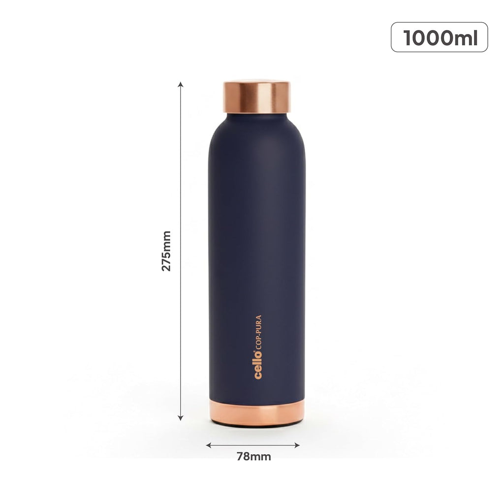 CELLO Evita Copper Water Bottle For Daily & Office Use 1000 ml, Green | Leakproof & Rustproof ISI Certified Single Wall 100% Pure Copper Promotes Immunity, Improve Digestion & Supports Healthy Living