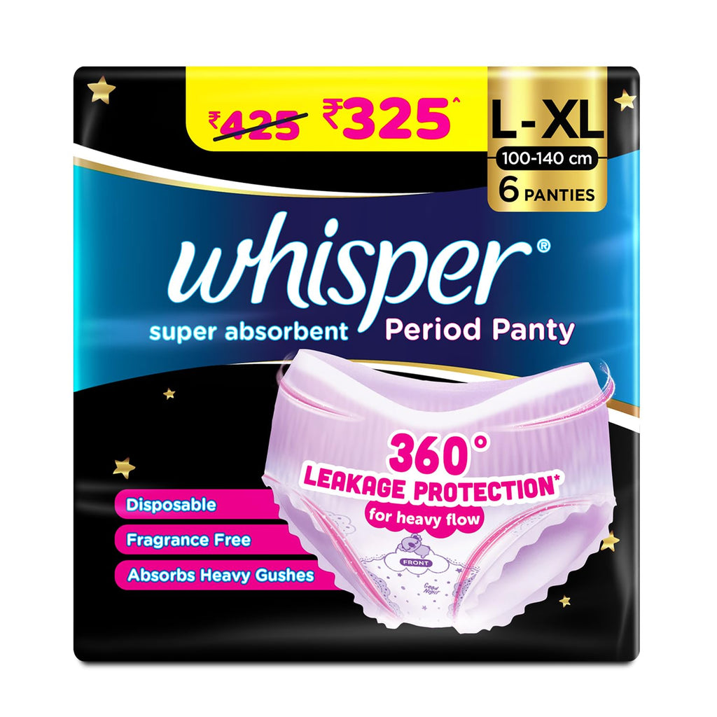 Whisper Super Absorbent Period Panty, 6 L-XL Pants, 360 Degree Leakage Protection* for Heavy Flow, Panty like Fit, Full back Coverage, Absorbs Heavy Gushes,...