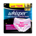 Whisper Super Absorbent Period Panty, 6 L-XL Pants, 360 Degree Leakage Protection* for Heavy Flow, Panty like Fit, Full back Coverage, Absorbs Heavy Gushes,...