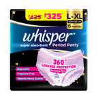 Whisper Super Absorbent Period Panty, 6 L-XL Pants, 360 Degree Leakage Protection* for Heavy Flow, Panty like Fit, Full back Coverage, Absorbs Heavy Gushes,...