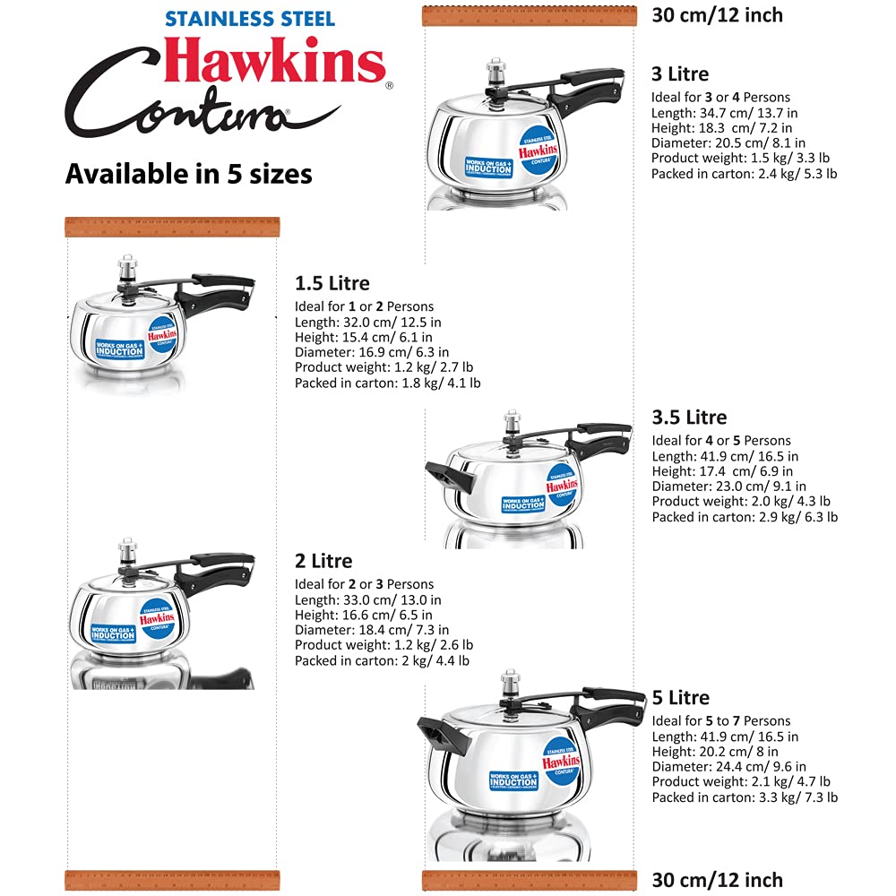 Hawkins 3.5 Litre Contura Pressure Cooker, Stainless Steel Inner Lid Cooker, Induction Cooker, Silver (SSC35)