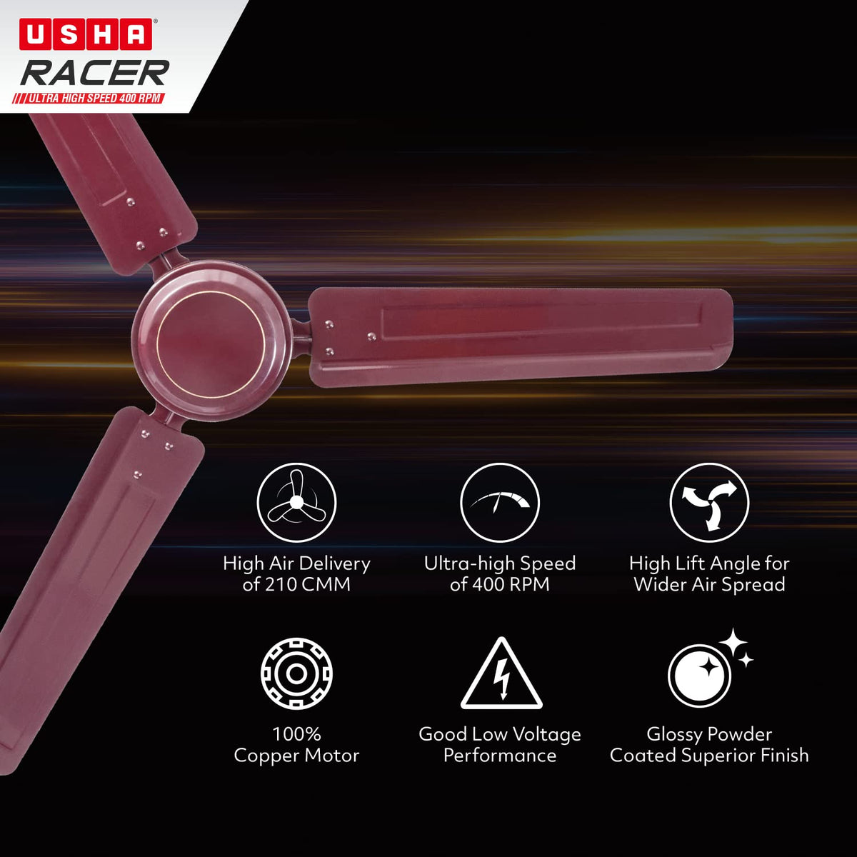 Usha Racer 1200MM Ultra High Speed 400RPM Ceiling Fan Brown W/O REG