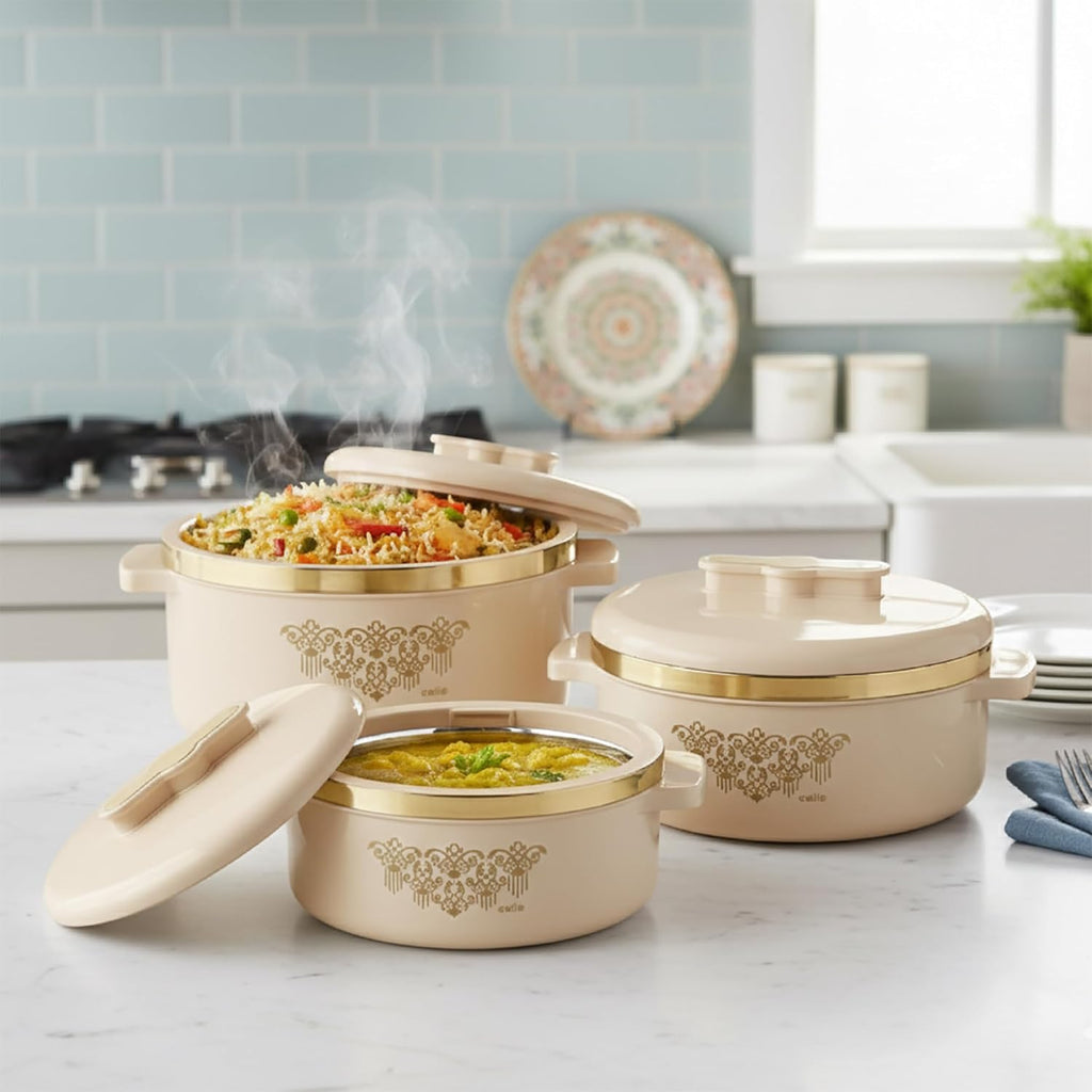 CELLO Exotic Casserole Hot Pot Box Case Set of 3 Pcs For Kitchen, Cream (500ml, 1000ml, 1500ml) |
