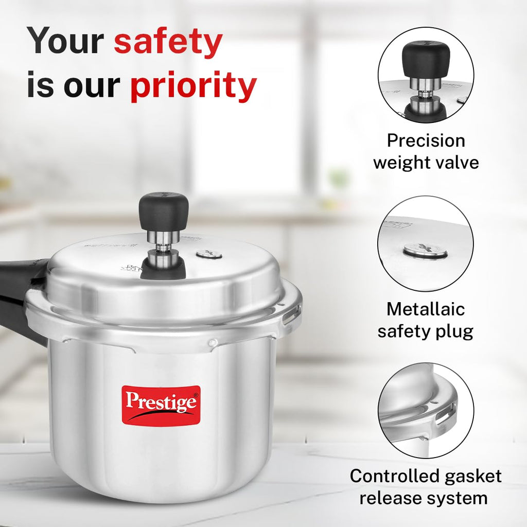 Prestige 3 Litre Aluminium Popular Outerlid Pressure Cooker | Virgin Aluminium| Gas Compatible|Controlled Gasket Release System|5 years warranty|ISI Certified