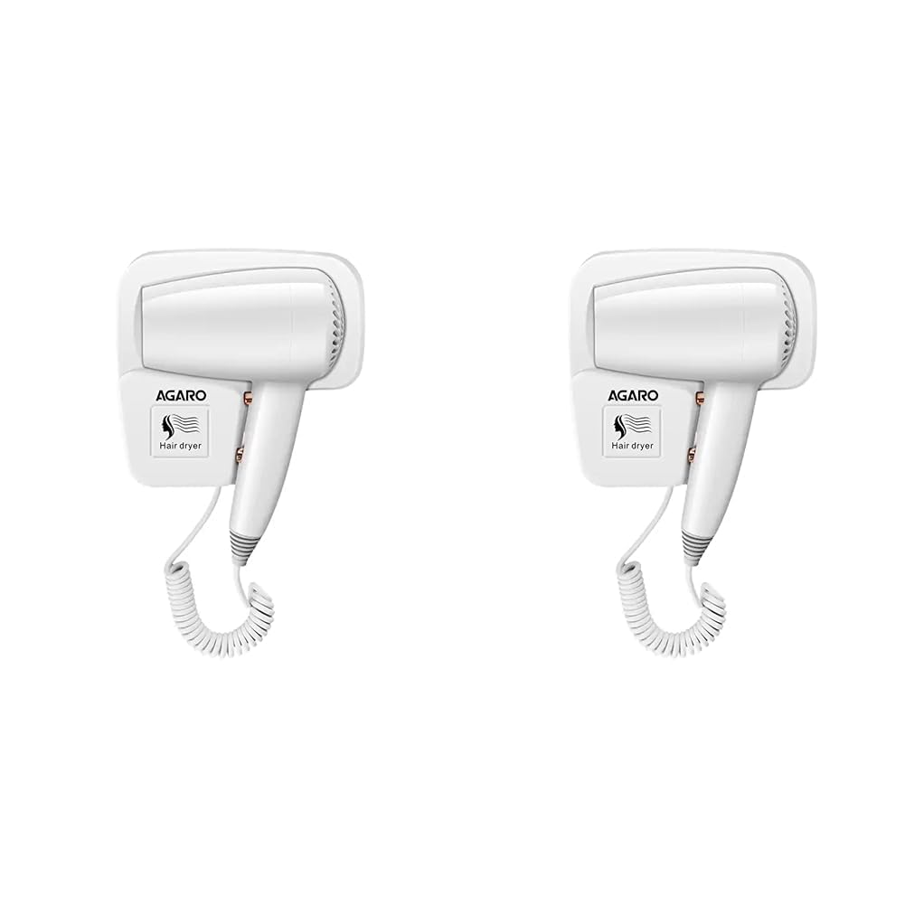 AGARO Hd1417 Wall Mounted Hair Dryer 1400 Watts, Electric Wall Mount Hair Dryer, Hotel, Bathroom, Household, Wall Hanging Dryer, White (Pack Of 2)