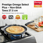 Prestige Omega Select Plus Aluminium Non-Stick Omni Tawa with Sleeve Packing Dia 27.5 cm, Black