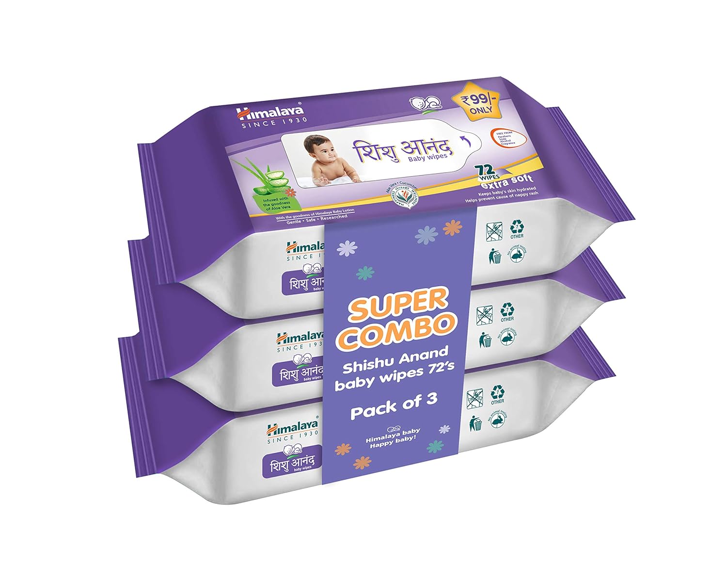 Himalaya Shishu Anand Baby Wipes with Aloe Vera & Licorice, 72 Wipes (Pack of 3) | Ph Balanced | Gentle On Skin | Clinically Tested
