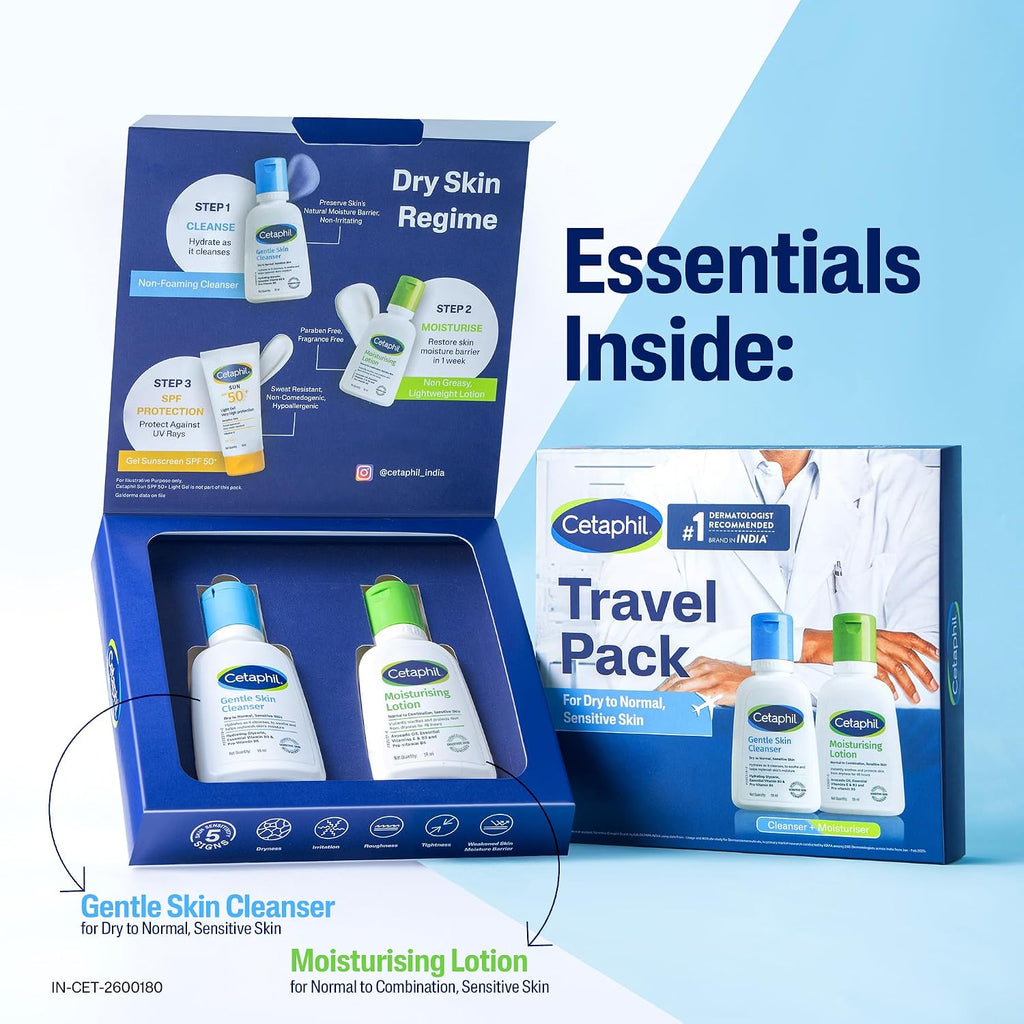 Cetaphil Travel Pack - Gentle Skin Essentials - Gentle Skin Facewash Cleanser 60ml and Moisturizing Lotion 60ml - Cleanser + Moisturizer Travel Essentials