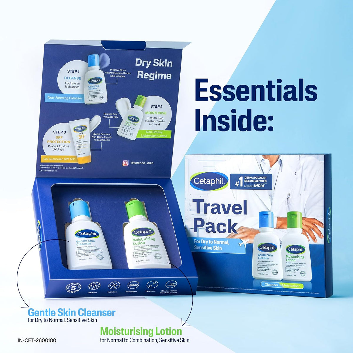 Cetaphil Travel Pack - Gentle Skin Essentials - Gentle Skin Facewash Cleanser 60ml and Moisturizing Lotion 60ml - Cleanser + Moisturizer Travel Essentials