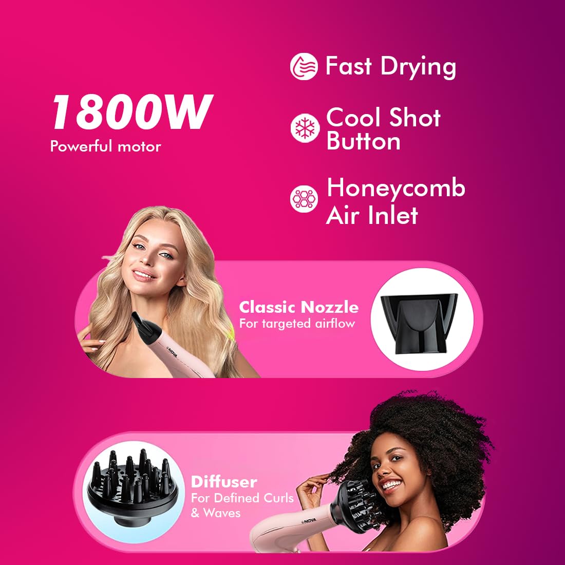 NOVA NHP 8217 Professional Hair Dryer (1800 Watts, Pink)