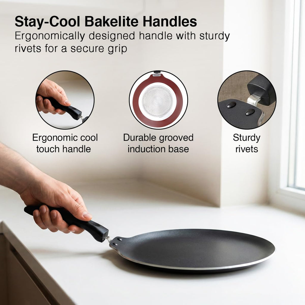 Prestige TTK OMG DLX Induction Base Non-Stick Aluminium Flat Dosa Tawa, 28cm, Red