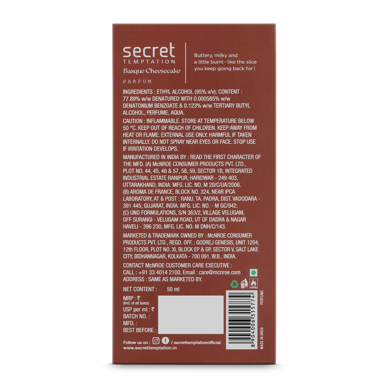 Secret Temptation Basque Cheesecake Eau De Parfum for Women, 50ml | Rich & Comforting Decadent Fragrance for Women | Long-Lasting Women’s Perfume |..