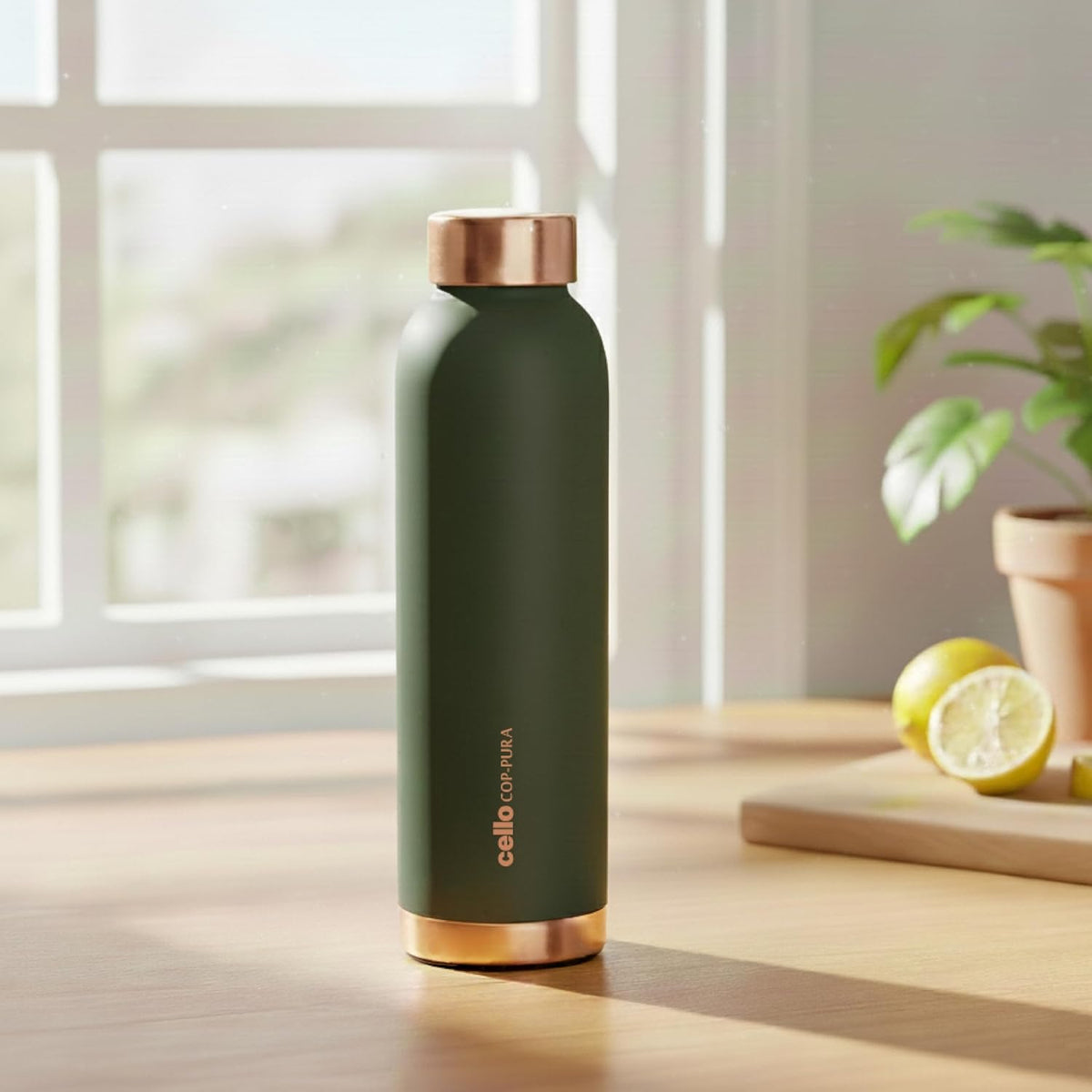 CELLO Evita Copper Water Bottle For Daily & Office Use 1000 ml, Green | Leakproof & Rustproof ISI Certified Single Wall 100% Pure Copper Promotes Immunity, Improve Digestion & Supports Healthy Living