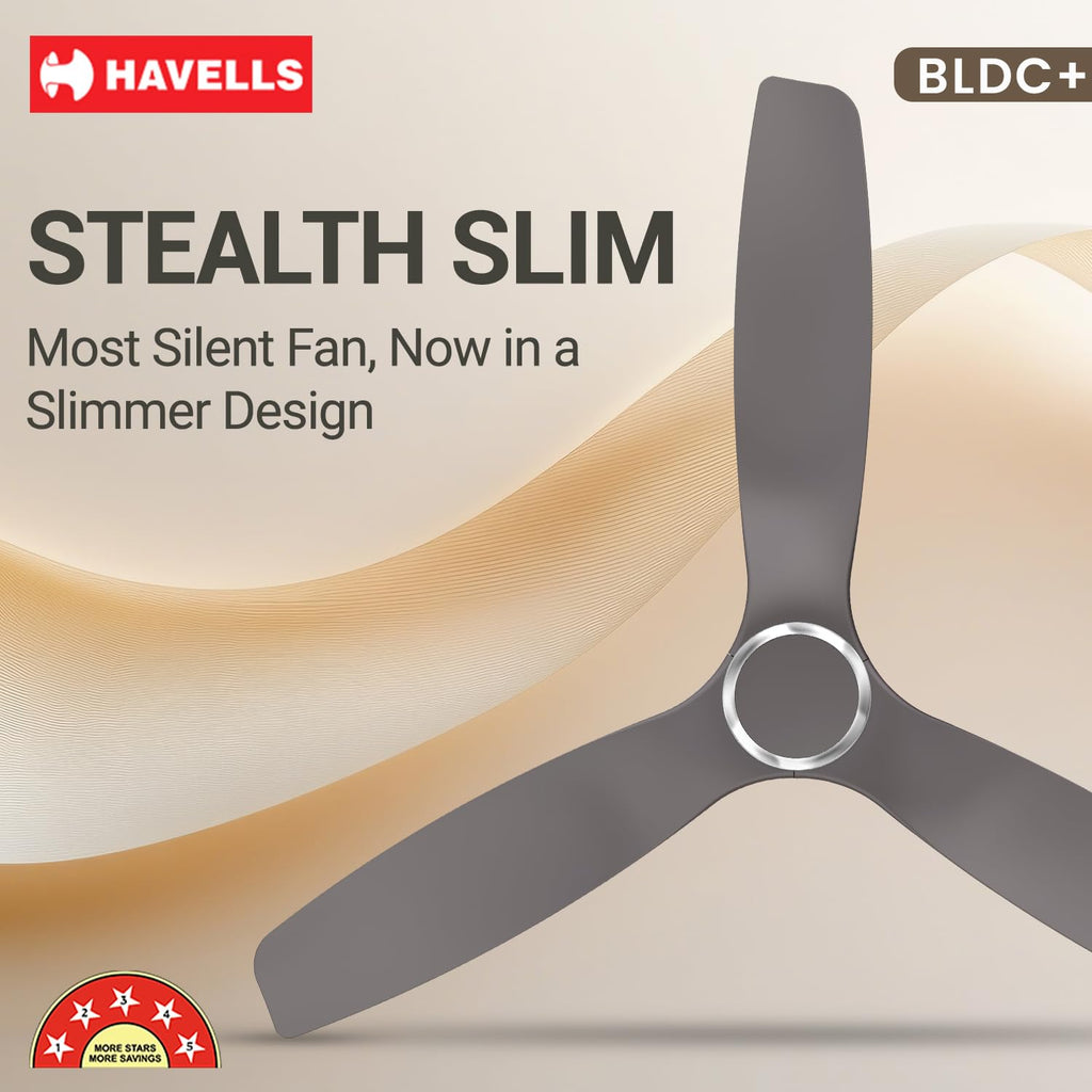 Havells Stealth Slim BLDC 1200 mm Ceiling Fan | Remote Controlled, High Air Delivery Fan | 5 Star Rated, Upto 50% Energy Saving, Reverse Rotation, 2 Year Brand Warranty | (Pack of 1, Stone Grey)
