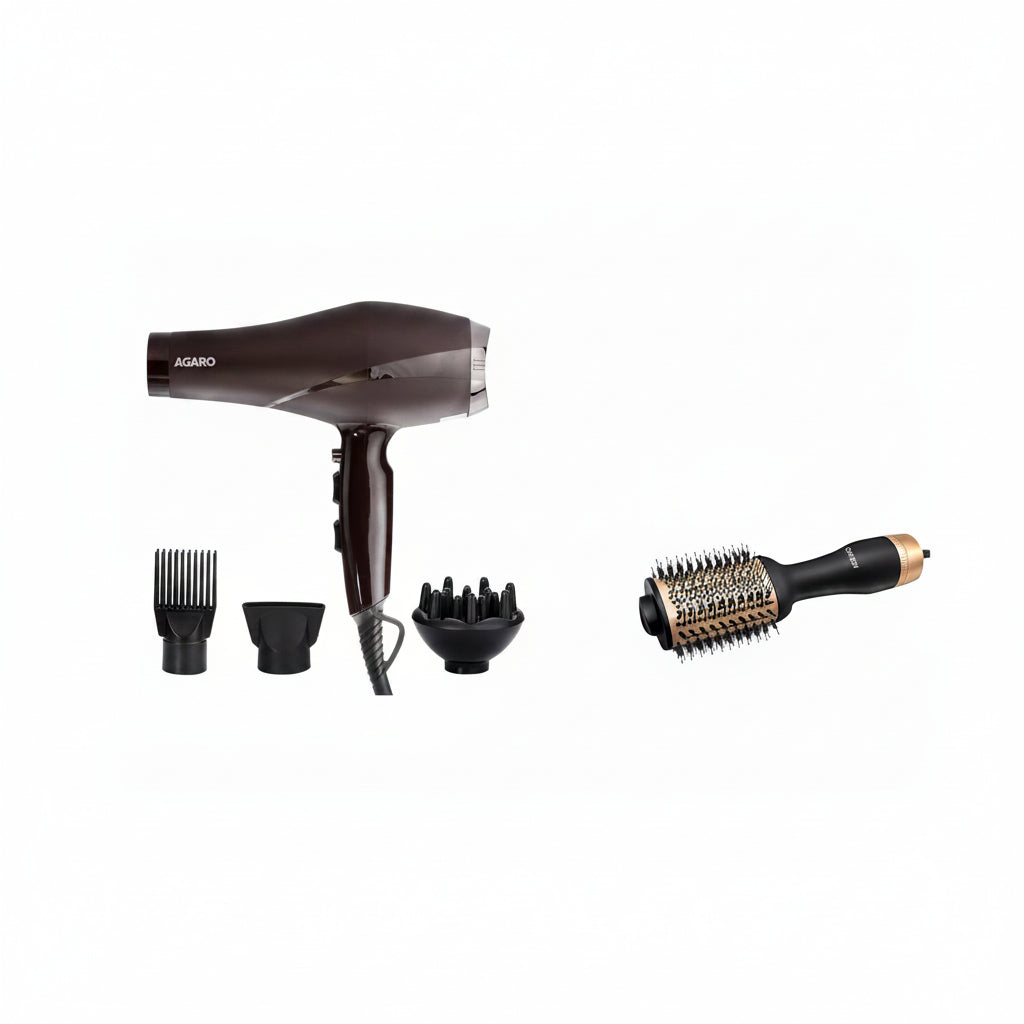 AGARO Hot Air Brush, 1200W, 360° Airflow, Ceramic Coating & AGARO HD-1120 Hair Dryer, 2000W, Comb+Diffuser+Concentrator, Hot/Cold Air, 2 Speed, 3 Temp