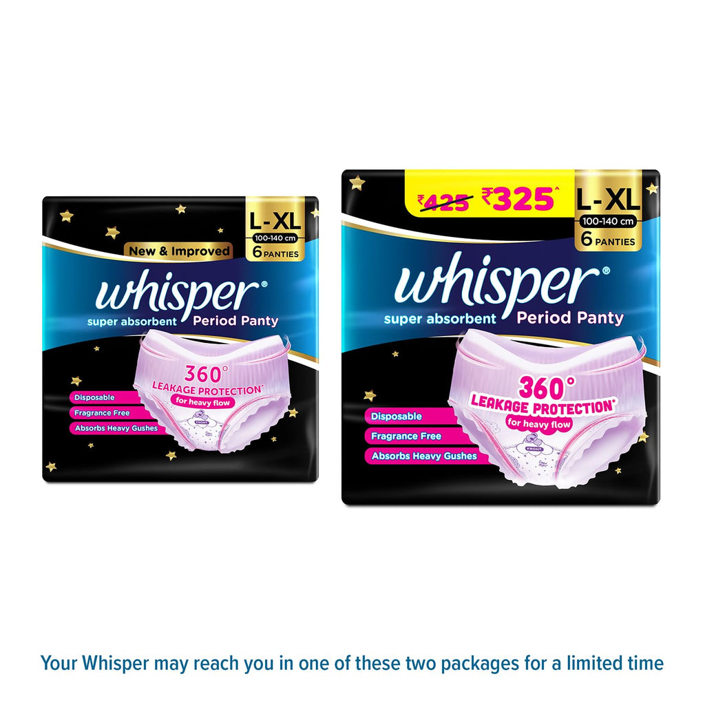 Whisper Super Absorbent Period Panty, 6 L-XL Pants, 360 Degree Leakage Protection* for Heavy Flow, Panty like Fit, Full back Coverage, Absorbs Heavy Gushes,...