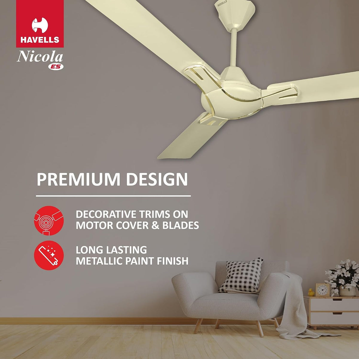 Havells 1200Mm Nicola Energy Saving Ceiling Fan (Pearl Ivory, Pack Of 1) 2 Star