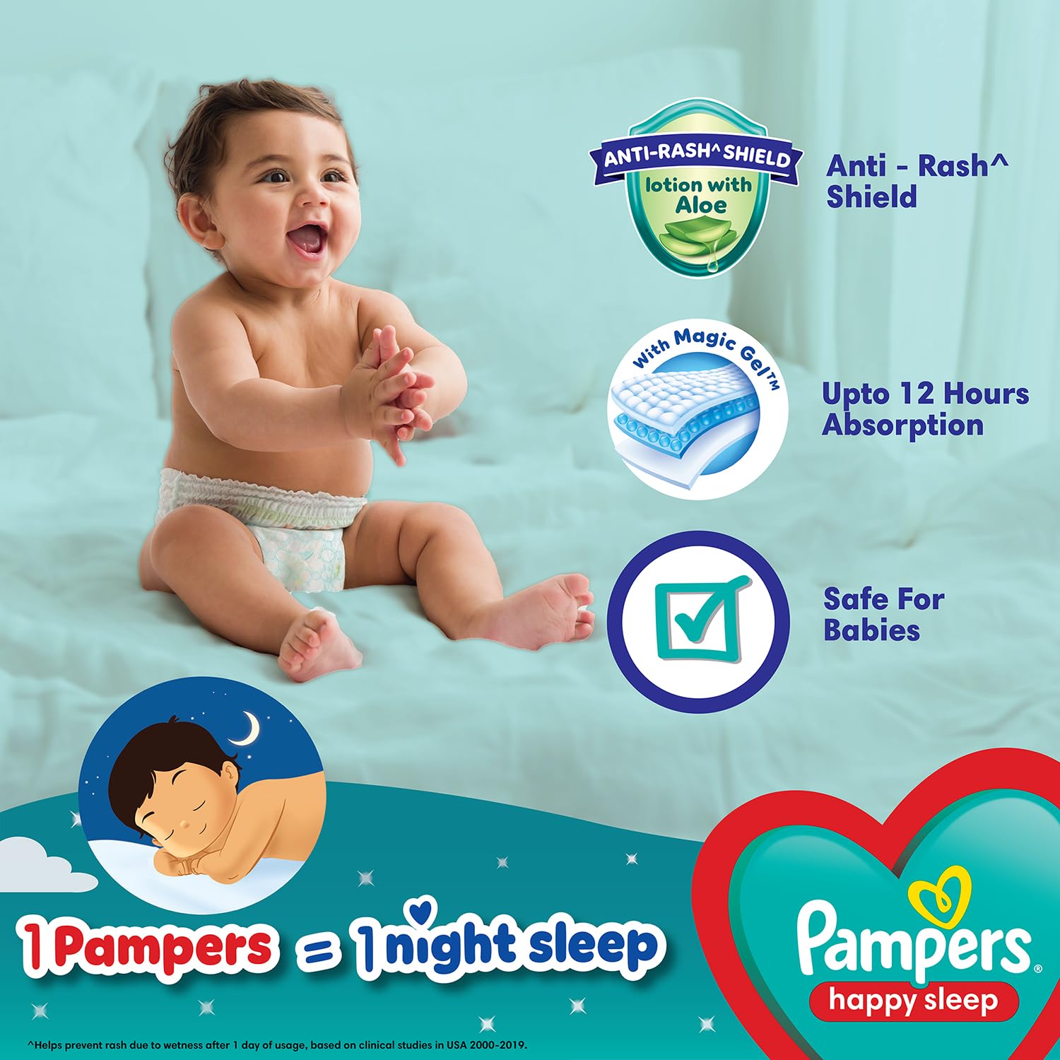 Pampers Happy Sleep Pant Style Baby Diapers, Medium (M), 100 Count, 1 Pampers : 1 Night Sleep, with Anti Rash Shield, 7-12 Kg Diapers