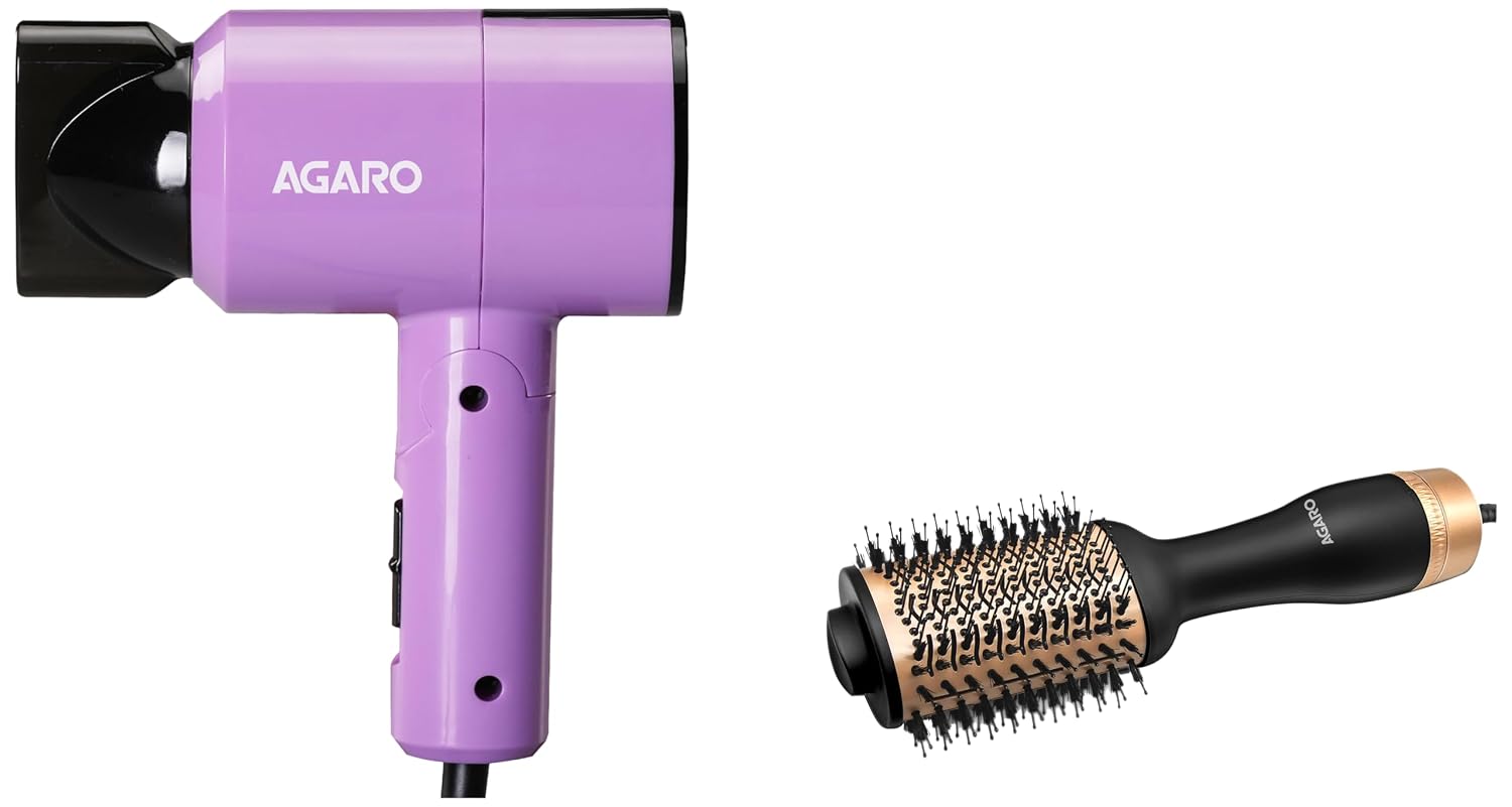 AGARO Hot Air Brush 1200W, Oval Barrel, Ceramic Coating & AGARO HD-1211 Compact Hair Dryer 1100W, 2 Heat/Speed Settings, Foldable, Purple