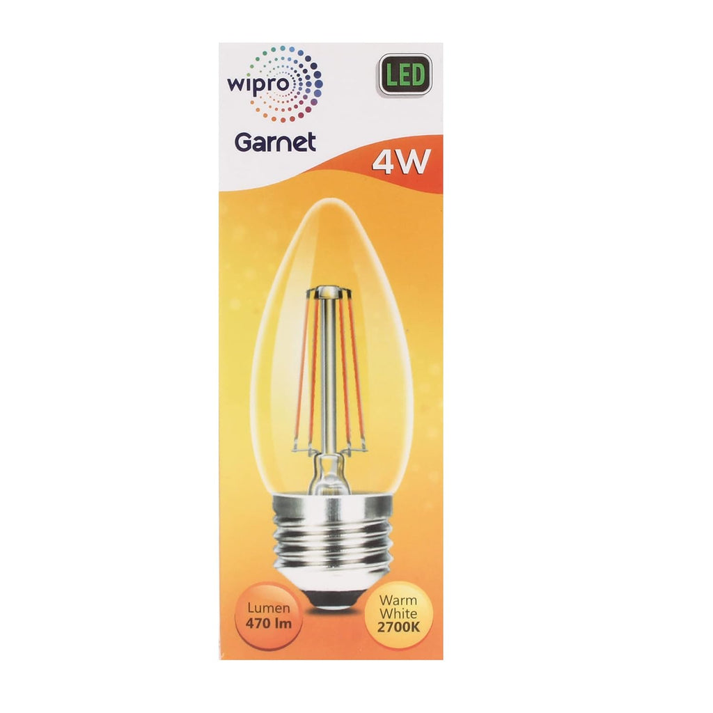 wipro Garnet 4 W E27 Base Candle Filament Bulb | Warm White (2700K) | Pack of 1 | Clear optics for sparkling effect | LED Filament Bulb for Home, office,...