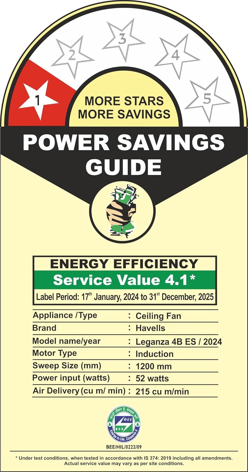 Havells 1200mm Leganza ES 4B Ceiling Fan  | Energy Saving, 100% Pure Copper Motor, 2 Year...