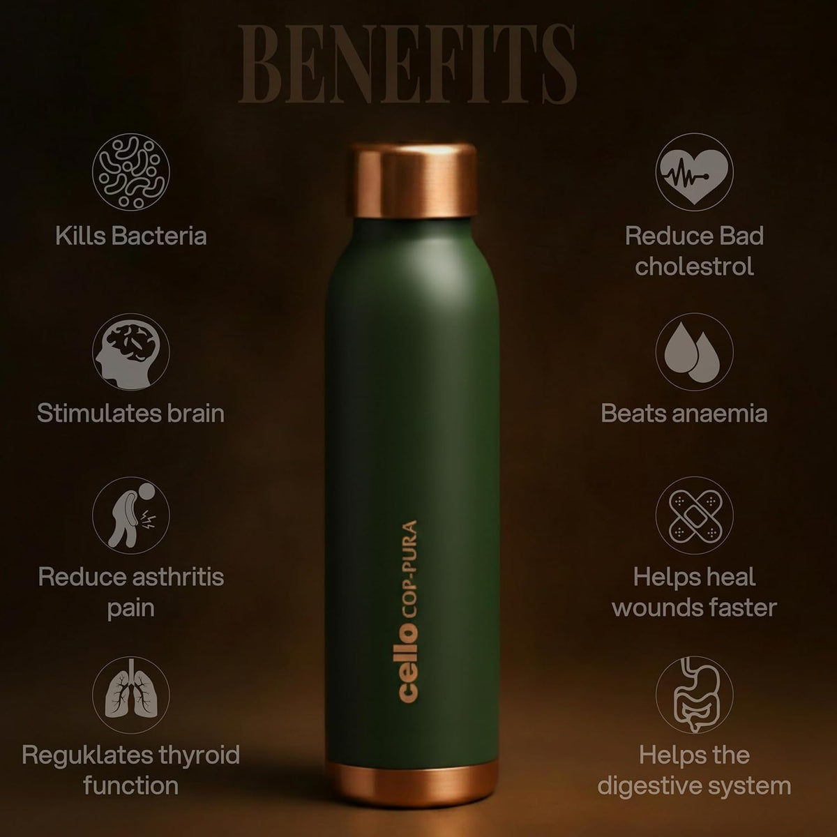 CELLO Evita Copper Water Bottle For Daily & Office Use 1000 ml, Green | Leakproof & Rustproof ISI Certified Single Wall 100% Pure Copper Promotes Immunity, Improve Digestion & Supports Healthy Living