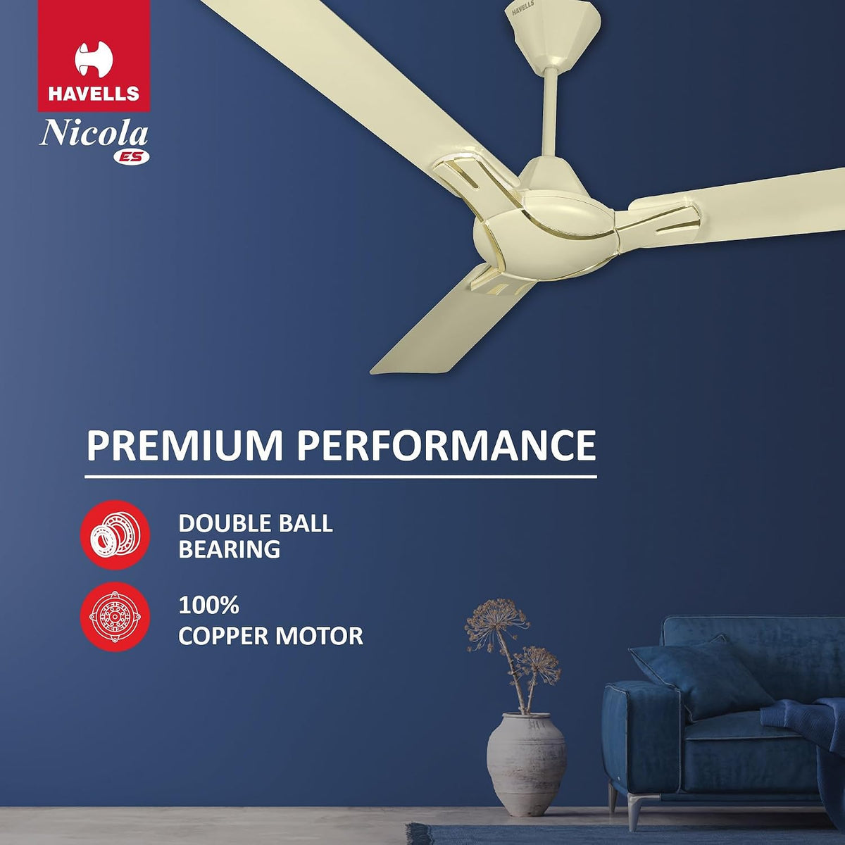 Havells 1200Mm Nicola Energy Saving Ceiling Fan (Pearl Ivory, Pack Of 1) 2 Star