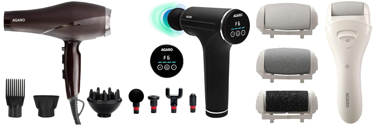 AGARO Galaxy Gun Massager, Black & HD-1120 2000 Watts AC Professional Hair Dryer with Comb & CR3001 Callus Remover