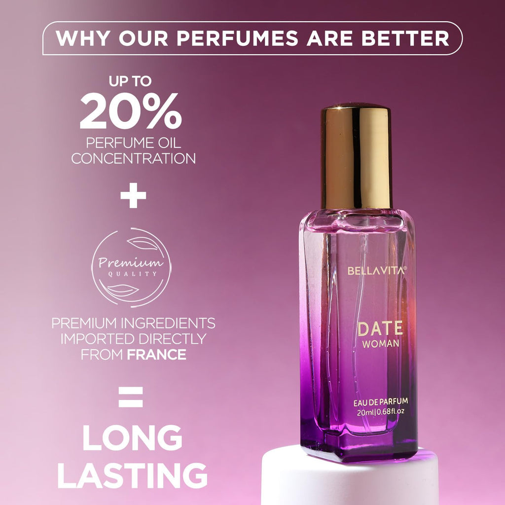 Bella Vita Luxury Date Woman | Long Lasting Perfume | Perfume for Woman | EDP 20ml | Pink Pepper, Jasmine & Vanilla | Floral & Fruity Premium Fragrance