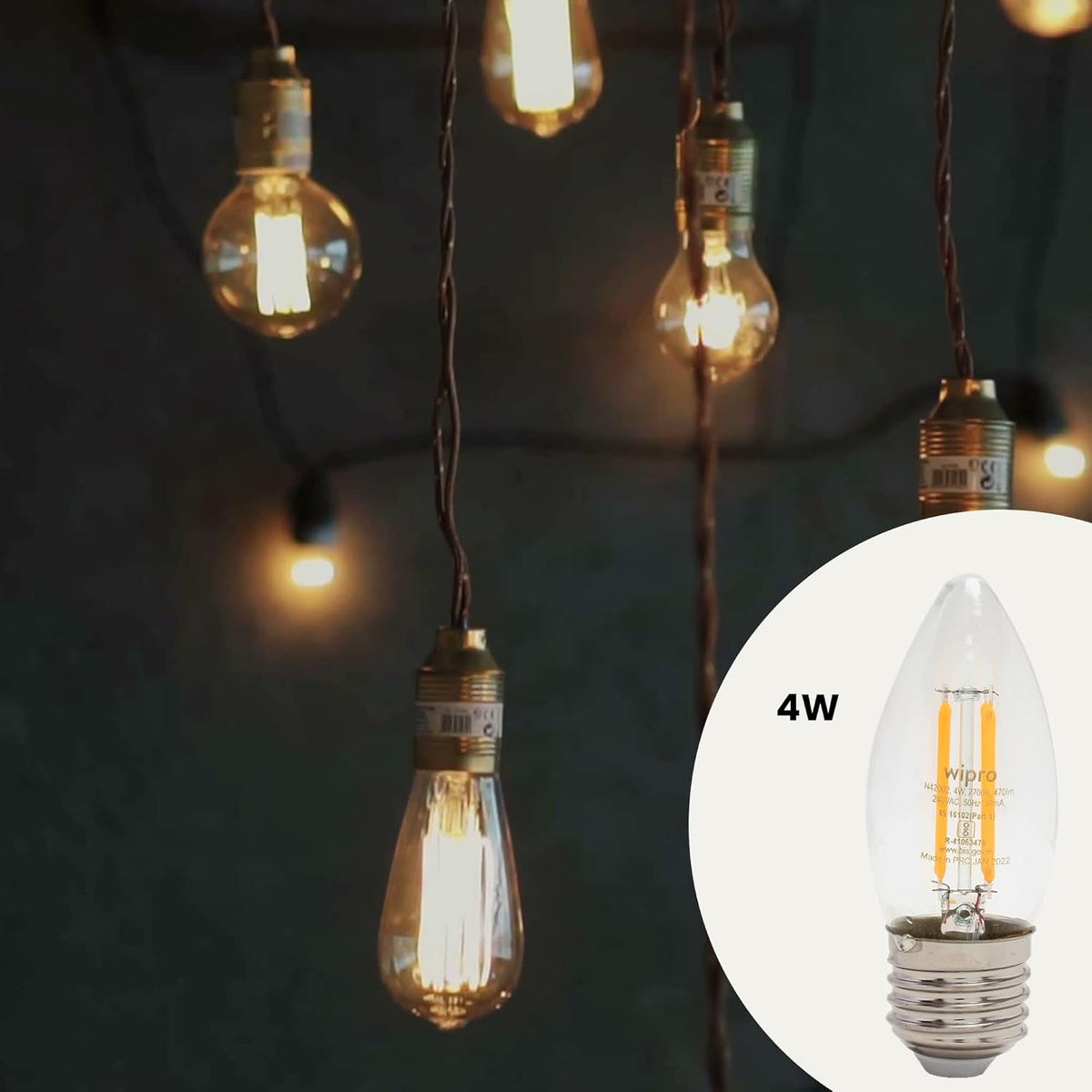 wipro Garnet 4 W E27 Base Candle Filament Bulb | Warm White (2700K) | Pack of 1 | Clear optics for sparkling effect | LED Filament Bulb for Home, office,...