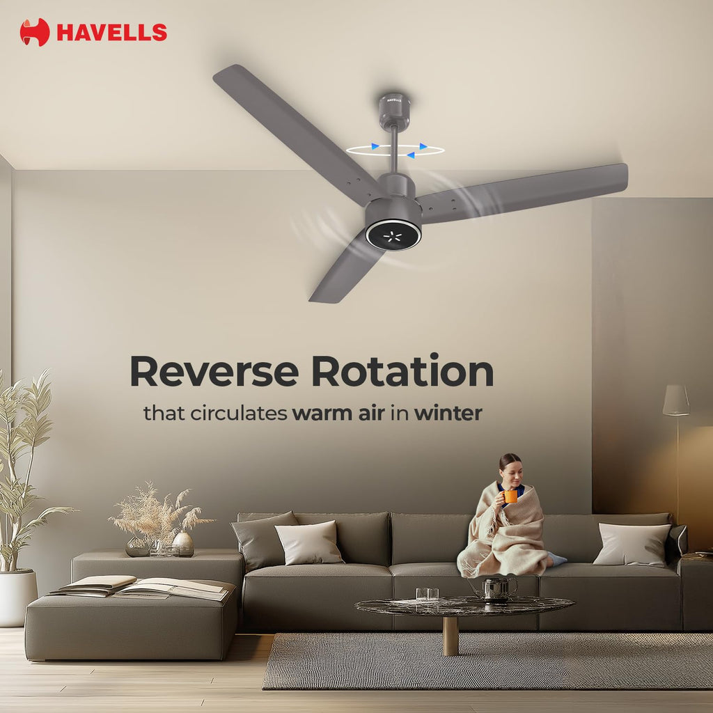 Havells FAB BLDC LED Ceiling Fan 1200 mm, 5 star, LED Speed Indicator, 380 RPM, Up to 65% Savings,Reverse Rotation,4 Speed Modes,Low Wattage 30W, Low Noise,Air Flow:235 CMM, 3 Year Warranty,Stone Grey