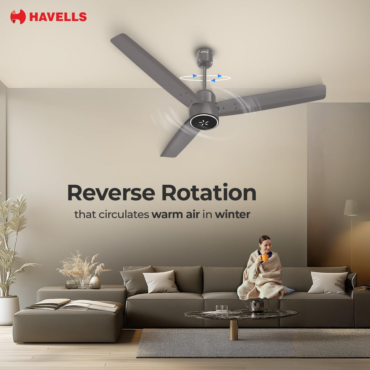 Havells FAB BLDC LED Ceiling Fan 1200 mm, 5 star, LED Speed Indicator, 380 RPM, Up to 65% Savings,Reverse Rotation,4 Speed Modes,Low Wattage 30W, Low Noise,Air Flow:235 CMM, 3 Year Warranty,Stone Grey