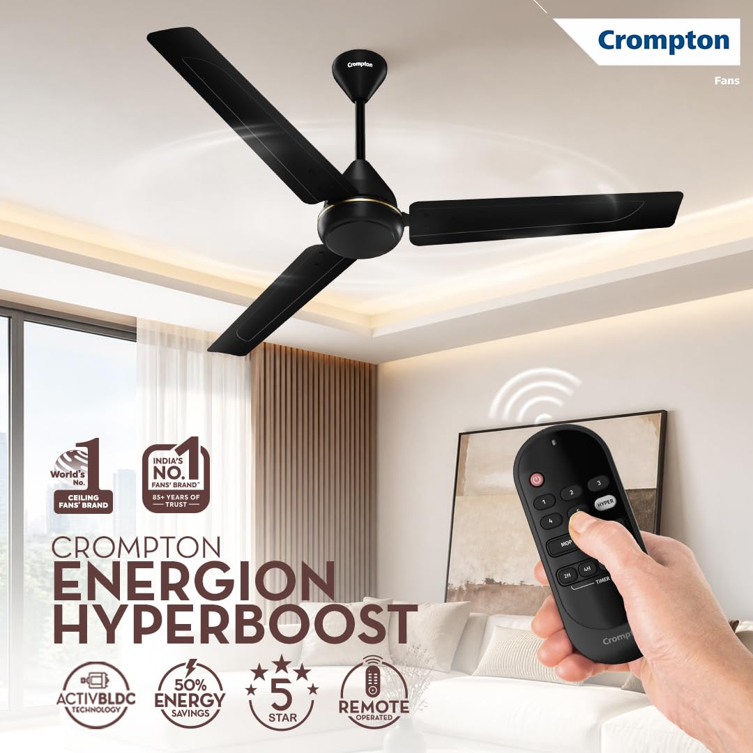 Crompton Energion Hyperboost 1200mm BLDC Ceiling Fan | Point Anywhere Remote Control | BEE 5 Star Rated Energy Efficient | Superior Air Delivery |Matte Black  2 Year...