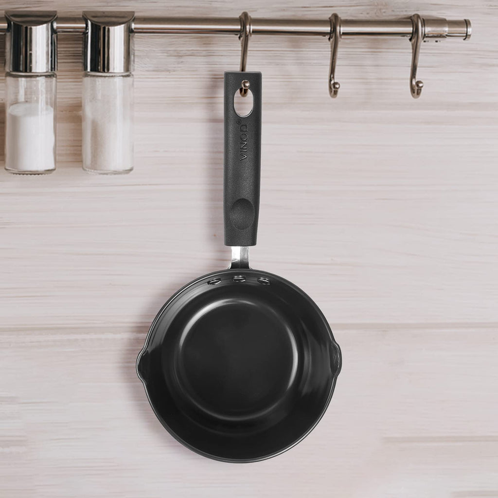 Vinod Black Pearl Hard Anodised American Non Stick Saucepan - 1 Litre, 14cm | 3.25mm Thickness | Metal Spoon Friendly | Easy to Pour | 2 Year Warranty | Toxin Free - Black