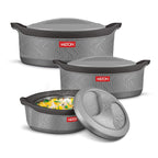 Milton Evoke Jr. Gift Set PU Insulated Inner Stainless Steel Casserole, Set of 3 (450 ml,850 ml,1240 ml), Grey
