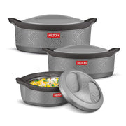 Milton Evoke Jr. Gift Set PU Insulated Inner Stainless Steel Casserole, Set of 3 (450 ml,850 ml,1240 ml), Grey