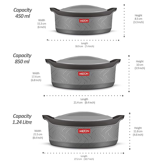 Milton Evoke Jr. Gift Set PU Insulated Inner Stainless Steel Casserole, Set of 3 (450 ml,850 ml,1240 ml), Grey