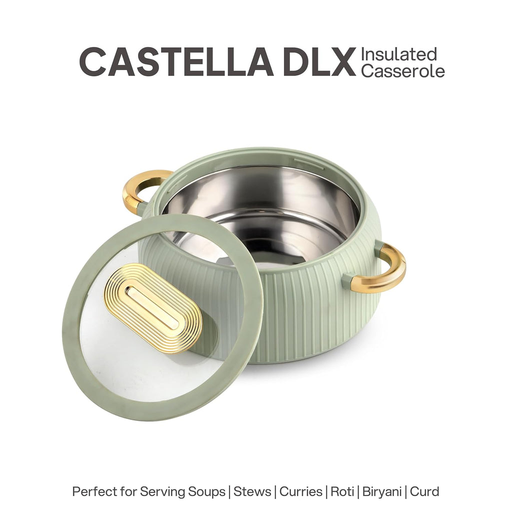 CELLO Castella Deluxe 1500 Insulated Steel Casserole Hot Box for Kitchen 1500 ml, Green |