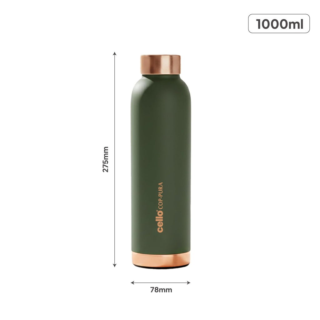 CELLO Evita Copper Water Bottle For Daily & Office Use 1000 ml, Green | Leakproof & Rustproof ISI Certified Single Wall 100% Pure Copper Promotes Immunity, Improve Digestion & Supports Healthy Living