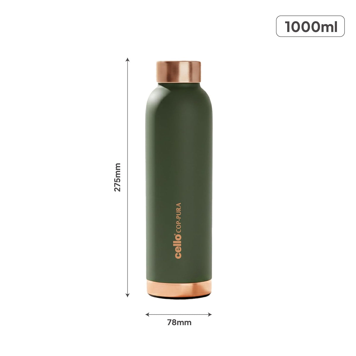CELLO Evita Copper Water Bottle For Daily & Office Use 1000 ml, Green | Leakproof & Rustproof ISI Certified Single Wall 100% Pure Copper Promotes Immunity, Improve Digestion & Supports Healthy Living