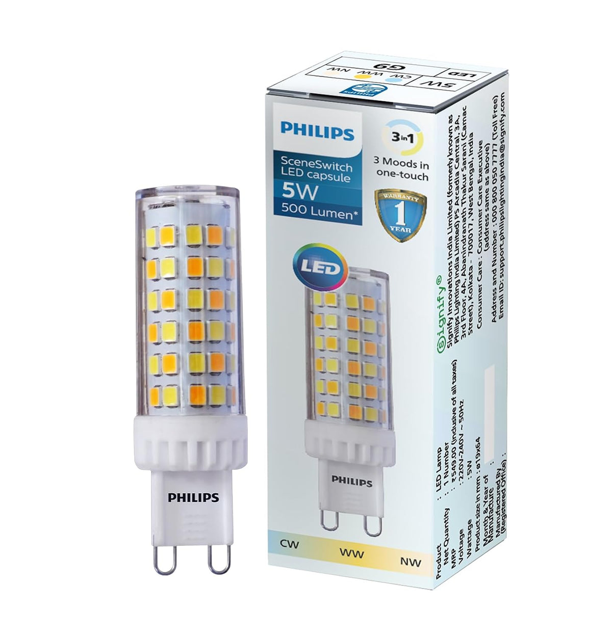 Philips G9 5-Watt Scene Switch LED Bulb | G9 Decorative LED Bulb for chandelier & Pendant | Colour : Tunable White, Pack of 1