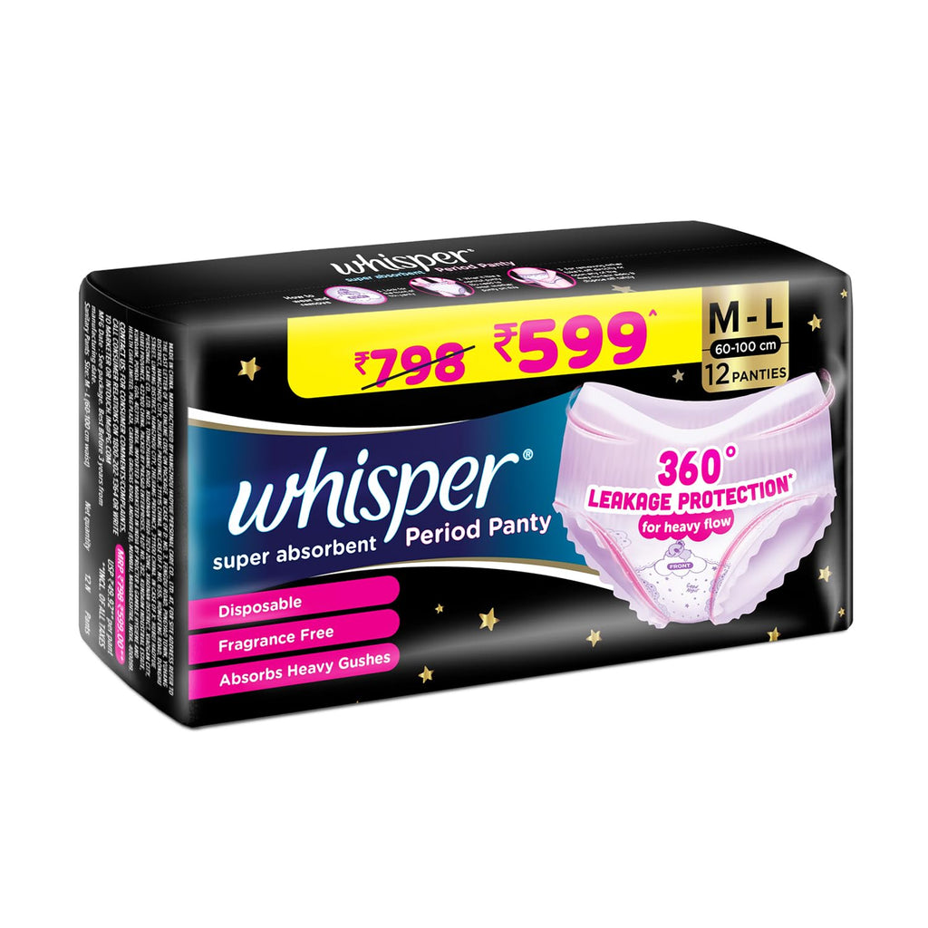 Whisper Super Absorbent Period Panty, 12 M-L Pants, 360 Degree Leakage Protection* for Heavy Flow, Panty like Fit, Full back Coverage, Absorbs Heavy Gushes,...