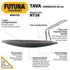 Hawkins Futura 26 cm Tava, Non Stick Tawa with Stainless Steel Handle, Black (NT26)