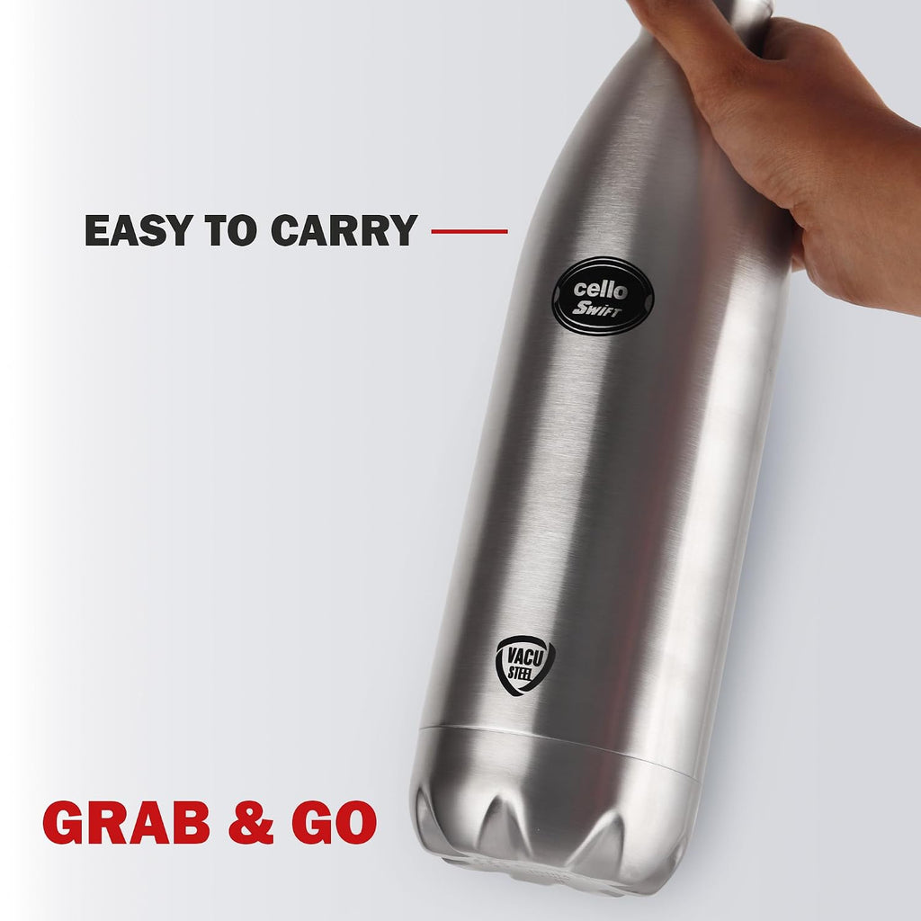 CELLO Swift Stainless Steel Hot and Cold Water Bottle 1000 ml Silver | ISI Certified Spillproof Leakproof Screw Lid Double Wall Vacuum Insulated Thermos Flask Water Bottle for Home Office Gym Travel