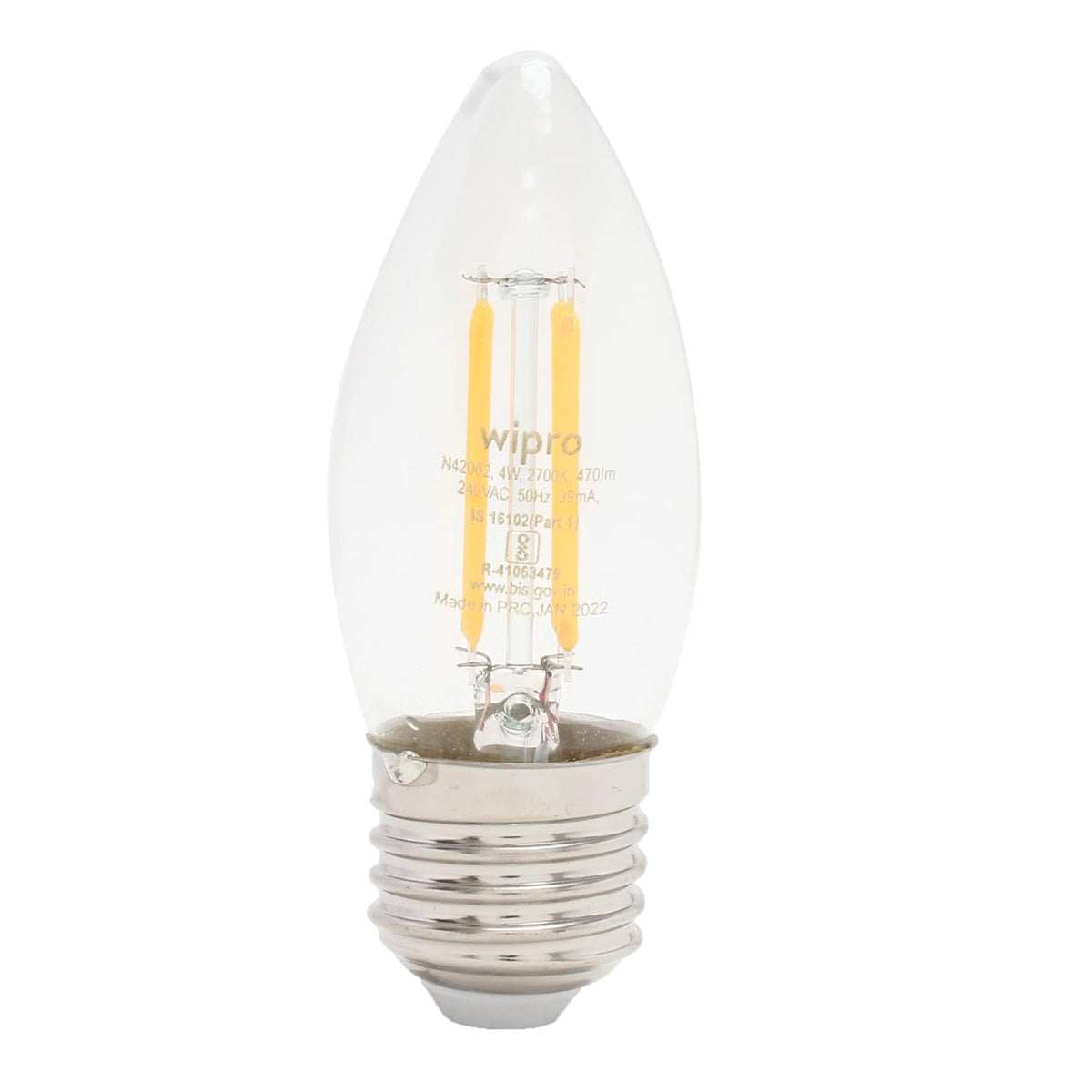 wipro Garnet 4 W E27 Base Candle Filament Bulb | Warm White (2700K) | Pack of 1 | Clear optics for sparkling effect | LED Filament Bulb for Home, office,...