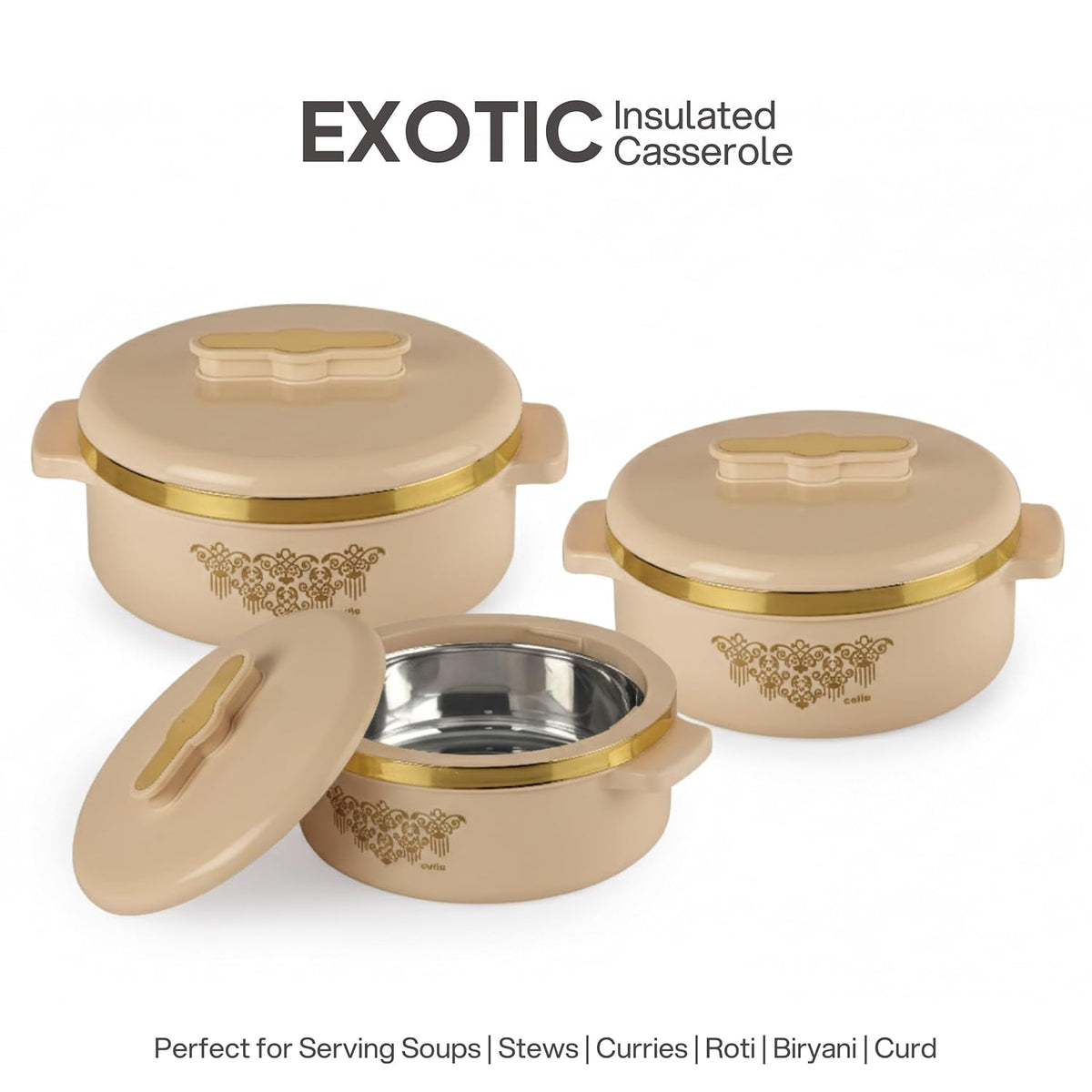 CELLO Exotic Casserole Hot Pot Box Case Set of 3 Pcs For Kitchen, Cream (500ml, 1000ml, 1500ml) |